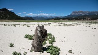 Picture shows the Mediano reservoir at 25.5% of its capacity due to the ongoing drought, on July 26, 2023 in Mediano, Huesca province.