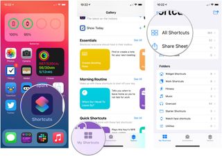 Add shortcuts to folders, showiing how to open Shortcuts, then tap My Shortcuts, then tap All Shortcuts