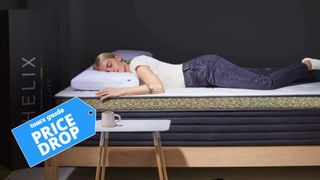 The image shows a woman laying on her stomach on the Helix Dawn Luxe mattress with a Tom's Guide price drop logp on the left