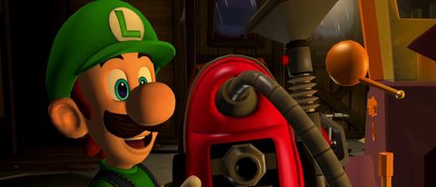 Luigi holding the Poltergust 5000 in Luigi's Mansion 2 HD.