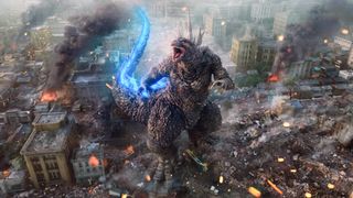 Godzilla stands among wrecked buildings and rubble after leveling a portion of Tokyo&#039;s Ginza district in Godzilla Minus One