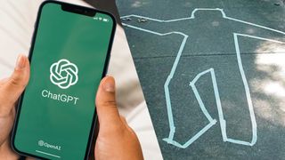 ChatGPT logo on phone next to outline of person on pavement for True Crime story