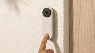 Google Nest Doorbell (wired, 2nd-gen) Linen button push lifestyle alt