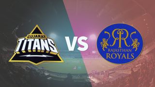 The Gujarat Titans and Rajasthan Royals logo against a backdrop of Eden Gardens stadium in Kolkata, India