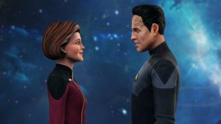 Janeway and Chakotay reunited and staring at each other