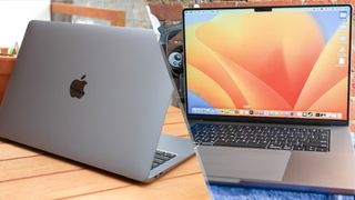 MacBook Air vs. MacBook Pro: MacBook Air M1 on the left with the lid open facing away from camera. MacBook Pro 16 M2 Max on the right with the display open facing the screen.