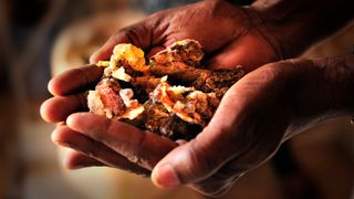 We see the hands of a Somali dealer holding the natural resin frankincense in their hands.