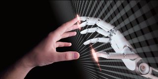 AI robot hand touching human hand