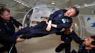 Professor Stephen Hawking experiences the freedom of weightlessness during a zero gravity flight.