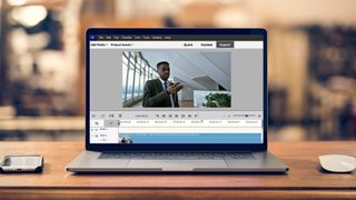 A screenshot from Adobe Premiere Elements 2022 on a laptop against a blurred background