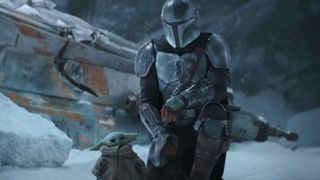 The Mandalorian with grogu on the ice planet