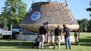 NASA's Orion Max Abort Launch System (MLAS) capsule arrives at the University of North Dakota for display.