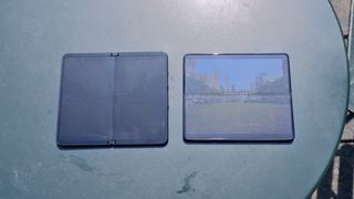 Google Pixel Fold next to Galaxy Z Fold 5 in direct sunlight