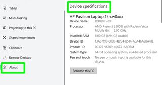 how to check PC specs in Windows 10 - device specifications