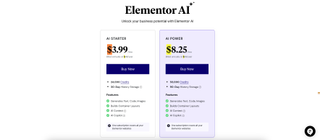 screenshot of elementor AI website builder pricing