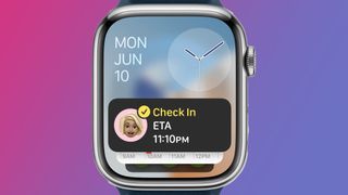 An Apple Watch on a magenta and purple background showing a notification