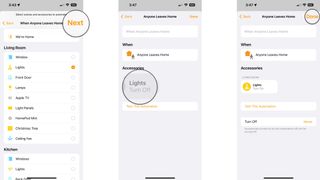 How to create a location automation in the Home app on the iPhone by showing steps: Tap Next, Tap an Accessory to change state, Tap Done.