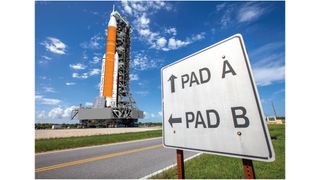 An artist rendering of crawler-transporter 2, with the mobile launcher 2 and Space Launch System (SLS) Block 1B atop, as it makes its way to Launch Pad 39B at NASA's Kennedy Space Center in preparation for liftoff. T