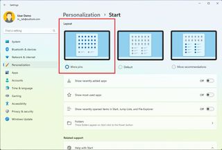 Start menu more pins layout