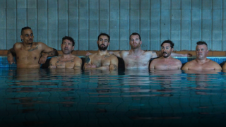 Jonathan-Ismael Diaby, Terry Ryan, Andrew Antsanen, Jared Keeso, Ryan McDonell, and Jon Mirasty in season 3, episode 4 of Shoresy all sittingin a pool after celebrating their NOSHO hockey victory