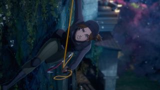 Lara Croft hanging by a rope in Tomb Raider: The Legend of Lara Croft