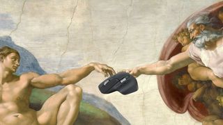 The Logitech MX Master 3S mouse being used by God in the scene of the creation of adam from the sistine chapel