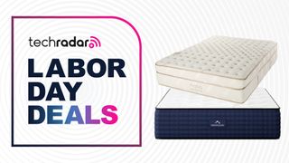 Dreamcloud and Satvaa mattress on a white background next to TechRadar Labor Day sales badge