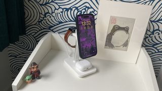 The Journey Rapid Trio 3-in-1 Wireless Charging Station on a bedside table