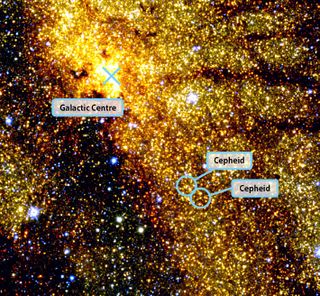 This photo taken by astronomers using the South African Astronomical Observatory shows the center of our Milky Way galaxy and two beacon-like pulsating stars, known as Cepheids, that serve as distance signposts for astronomers. This image was released Aug. 24, 2011.