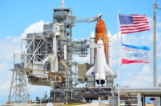 NASA's space shuttle Endeavour stands poised to launch on its final mission STS-134, its 25th and last mission before retirement. Liftoff is set for May 16, 2011 from Pad 39A at the Kennedy Space Center in Florida.