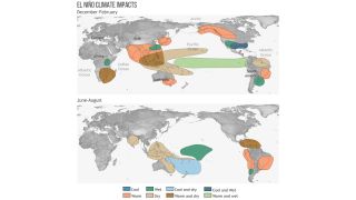 Two maps show the climate effects of El Nino in the summer and winter.