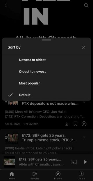 Sorting podcasts in YouTube Music