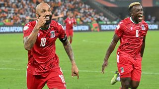 Emilio Nsue (L) celebrates scoring at AFCON