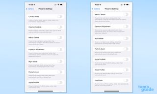 A screenshot of the iPhone settings app, showing the content of the Camera preserve settings menu