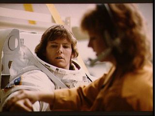 NASA astronaut Kathryn Sullivan undergoes spacewalk training for the STS-41-G mission in 1984. 