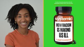 a photo of a young, smiling black woman in an orange top next to an image of a book cover that reads &quot;Systemic: How Racism is Making Us Ill,&quot; showing a large pill bottle on a green background