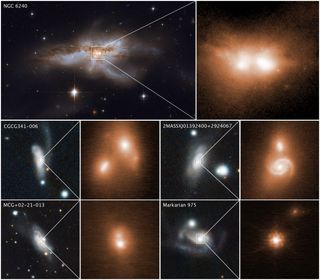 The messy cores of these colliding galaxies hide the final stage of two merging galactic nuclei. Top: NGC 6240, as imaged by Hubble's Wide Field Camera 3, paired with a close-up of the galactic cores in infrared light by the Keck Observatory in Hawaii. The other four galaxies are imaged by the Panoramic Survey Telescope and Rapid Response System (Pan-STARRS) as well as Keck.