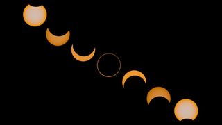 A series of images showing the annular ring of fire solar eclipse progress. The moon looks like it is taking a bigger and bigger bite out of the sun until it covers it, but not completely, leaving a ring of orange around it. 