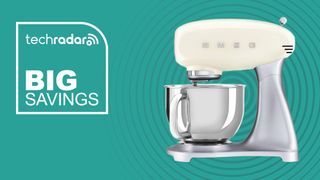 The Smeg 4.8L Stand Mixer sits in front of a teal background with Tech Radar big savings written on the left hand side.