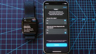 Apple Watch 10 next to an iPhone showing the sleep apnea notifications set up screen