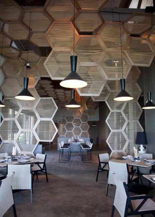 Hexagonal screens extend the graphic theme