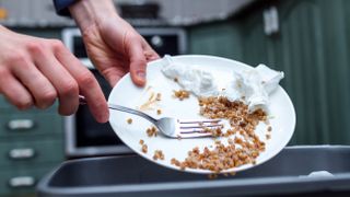 Someone scraping food from a plate into the bin