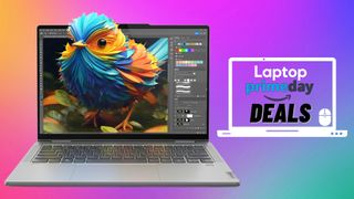 A Lenovo Yoga 7 2-in-1 laptop with a bird design popping out of the screen beside a Laptop Mag deals icon in front of an abstract rainbow background