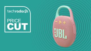 JBL Clip 5 on teal background with the words 'TechRadar: Price Cut' positioned to the left of the speaker