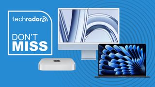 The iMac, Mac mini, and MacBook Air on a blue background with a TechRadar deals badge.
