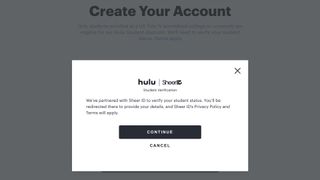 The Hulu sign up page with a message saying that student credentials need verifying