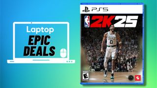 The case for NBA 2K25 for PS5 next to a Laptop Mag deals icon in front of a blue and green background