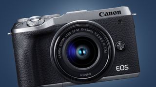 The Canon EOS M6 Mark II camera on a blue background