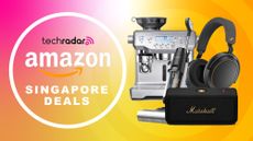 Breville the Oracle, Tineco Floor One S7 Pro, Marshall Emberton II and Sennheiser Momentum 4 Wireless Special Edition on pink and yellow gradient background with "Amazon Singapore Deals" text.