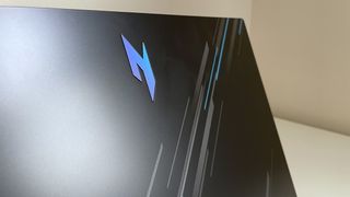 Close up of the Nitro logo on the lid of the Acer Nitro V 15